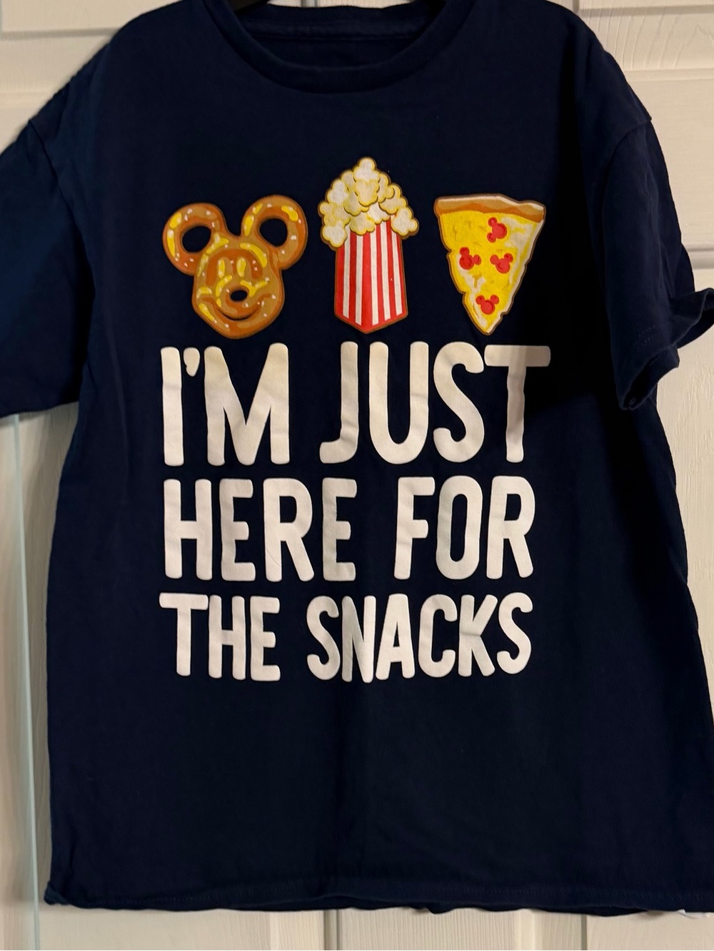 Disney Navy Graphic Kids Tee “ I’m just here for the snacks” Kids Large